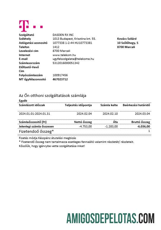 Em branco modelo de conta de serviços públicos Magyartel da Hungria em formatos Word e PDF, totalmente editável